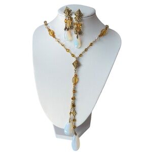Vtg Gold Tone & Glass Beads long Lariat Necklace Opalescent Drops earrings set